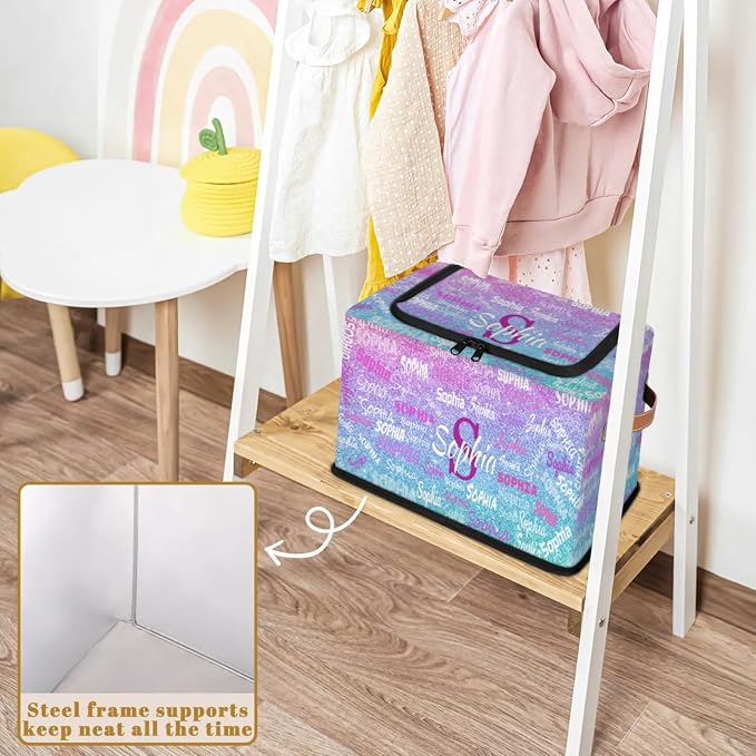 Custom Storage Baskets Named with Zipper Lid, Pink with Blue Bling Glitters Personalized Storage Bins Basket Boxes PU Leather Handles for Clothes Bedroom Closet Organizing Toys Books Shelves