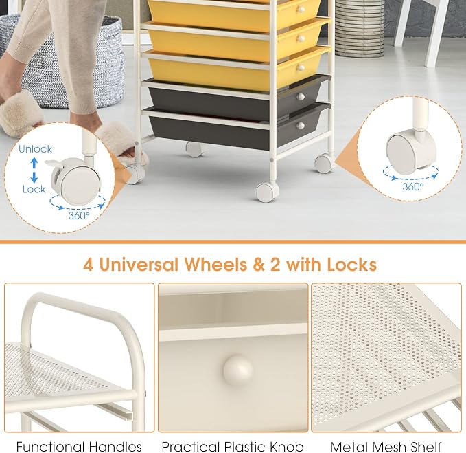 10 Drawer Rolling Storage Cart, Organization Cart with Drawers for Craft Makeup Paper Tool Art Supply, Versatile Utility Cart on Wheels for Home Office Classroom School (Yellow)