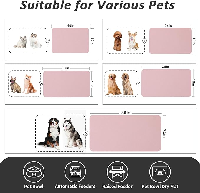 HotLive Dog Food Mat - Absorbent Cat Mat for Food and Water, No Stains Pet Feeding Bowl Mat, Easy to Clean Pet Placemats, Quick Dry Dog Water Dispenser Mat for Messy Drinkers | Pink 18"x28"