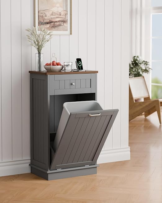 Betterhood Double Tilt Out Trash Cabinet with Power Outlet,Wooden Hidden Garbage Can Holder with a Big Storage Drawers for Kitchen, Living Room, Laundry, Grey