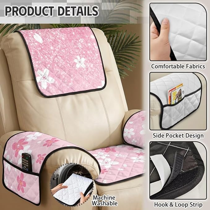 Cherry Blossom Recliner Chair Covers Pink 4 Piece Quilted | Recliner Chair Slipcovers with Arms Non Slip Armchair Cover with Pockets,Stain Resistant Furniture Protector for Living Room