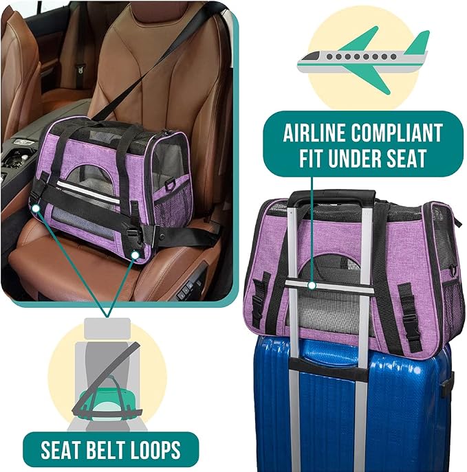 PetAmi Airline Approved Pet Carrier Cats & Small Dogs, Large Heather Purple | Soft Sided TSA Travel Bag, Sherpa Bed, Breathable Mesh Ventilation, Collapsible Bowl, Fits Under Seat, Up to 18 lbs