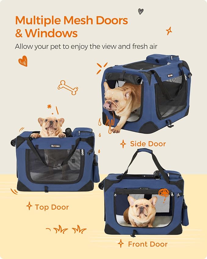 Feandrea Collapsible Soft Dog Crate, Portable Travel, 24 Inches | Dog Carrier Kennel with Safety Zippers for Living Room, Car, Travelling, Dark Blue UPDC60Z
