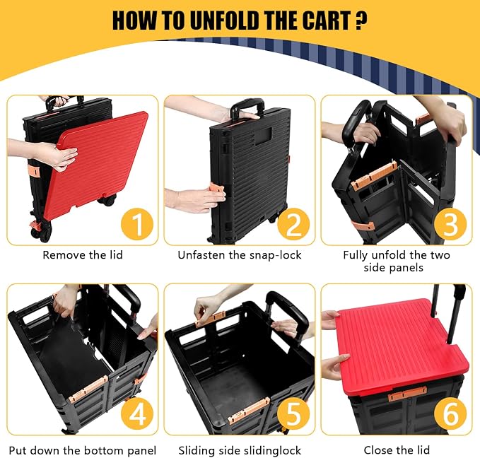 Foldable Utility Cart Rolling Crate Handcart 110lbs Large Capacity Shopping Cart with 360°Rotate Noiseless Wheels & Telescoping Handle for Transports Groceries Office School Use（Red）