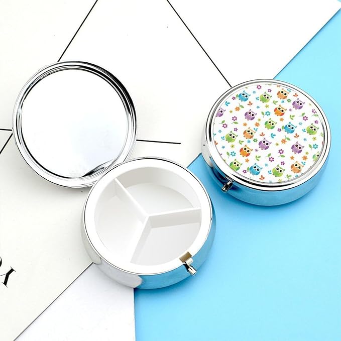Travel Pill Case, Floral Owl Round Waterproof Organizer, Small Holder for Fish Oil, Portable Pill Box Purse Use for Daily Walks