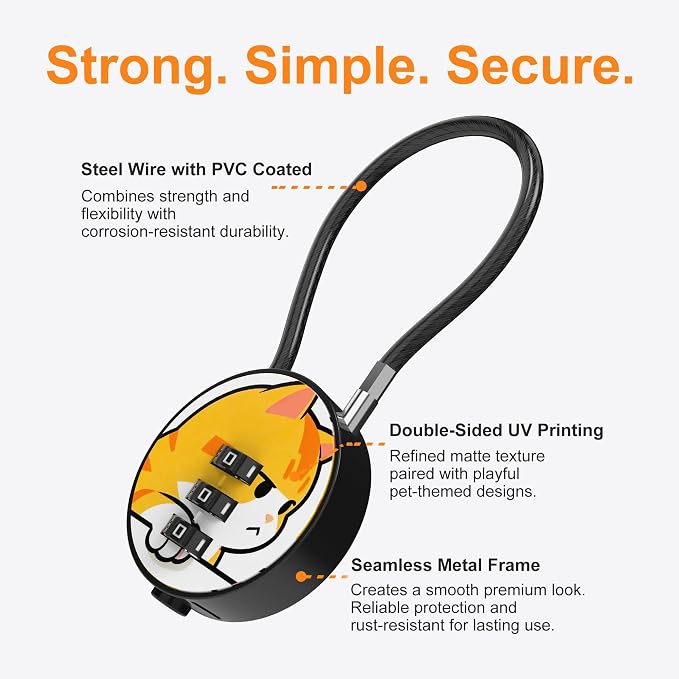 Small Combination Lock for Luggage, Gym Locker, Backpack Bag Zipper, Mini Combo Lock with Code, 5.12 Inch Steel Cable Padlock for Travel Suitcase (4-Cat&Rabbit, Cool)