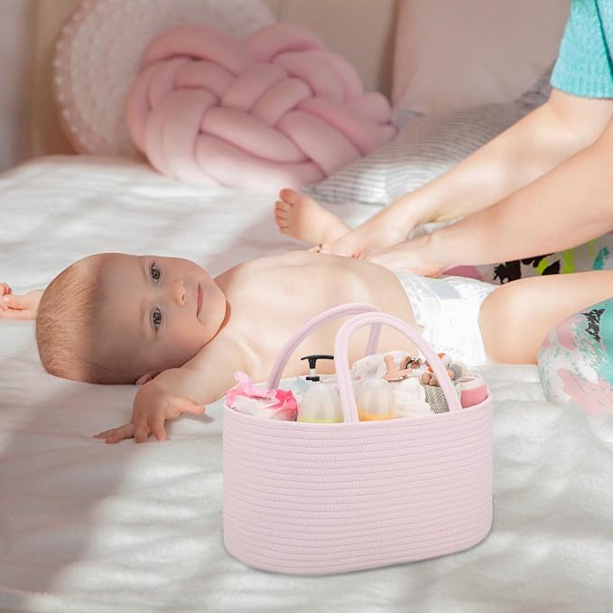 COMSE Baby Diaper Caddy Organizer for Girls, Cotton Rope, Light pink