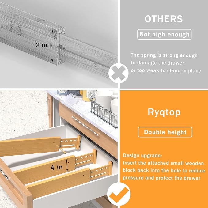 Bamboo Drawer Dividers, 4" High Drawer Organizers for Clothes/Utensils | 16.5-21.8" Expandable Wooden Drawer Separators for Dresser, Kitchen, Bathroom, Nursery, Office Organization & Storage, 4 Pack