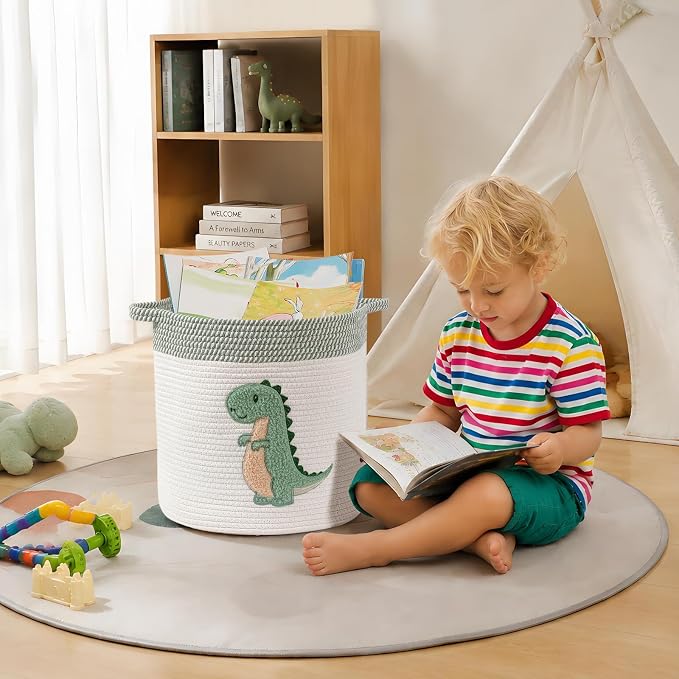 Dinosaur Toy Storage Basket for Toddlers Boys Dinosaur Room Decor, Medium | Cotton Rope Baby Hamper with Dinosaur Embroidery Toys Storage Organizer for Stuffed Animals, Books, Blankets 12" x 12"
