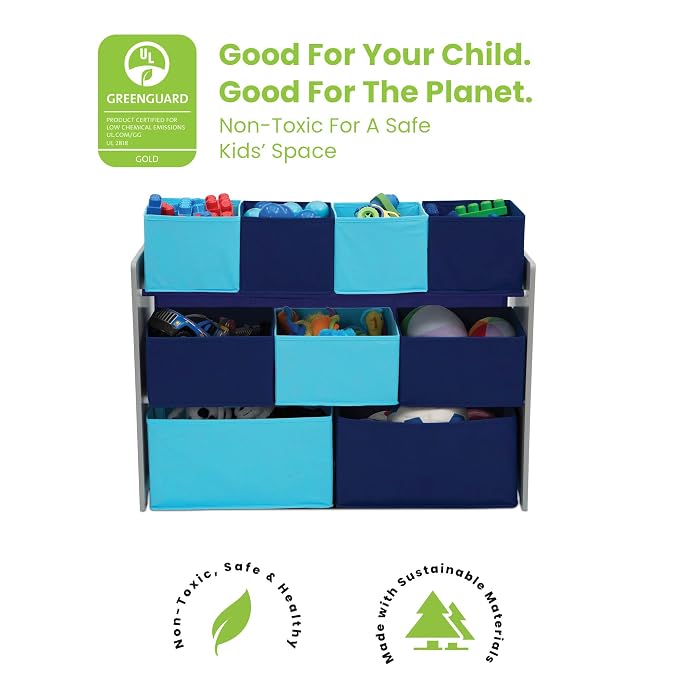 Delta Children Deluxe Multi-Bin Toy Organizer with Storage Bins, Grey/Blue Bins