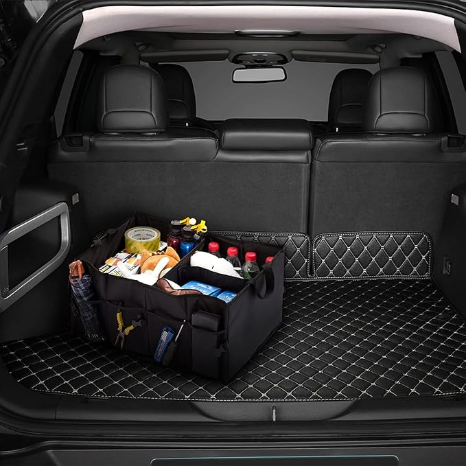 8sanlione Car Trunk Organizer, 3 Compartments, 7 Storage Areas, Black1 | For sedans, SUVs, vans, woven fabric shell, side grips, light-item sorting, wipe-clean care, automotive interior accessories