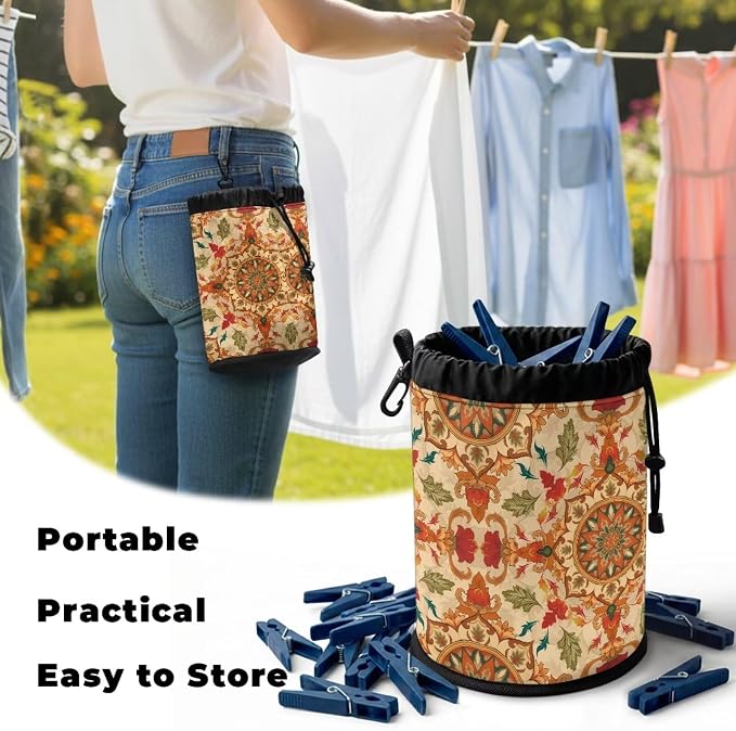 Clothespin Bag Holder Outside, Boho Mandala Print Hanging Clothes Pin Bag with Drawstring Closure, Ventilation and Large-Capacity Clothespin Storage Organizer with Hooks