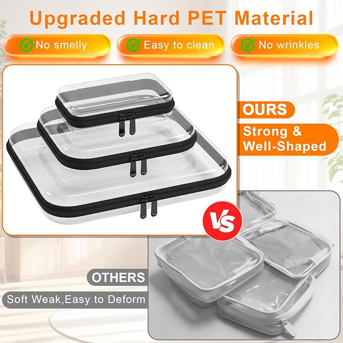 Clear Hard Shell Storage Bag 3 Pcs Waterproof PET Travel Cosmetic Organizer | Multi-size Plastic Zipper Pouch Crush-proof Makeup Box Fits Cosmetics,Toiletries for Travel,Home,Outdoors