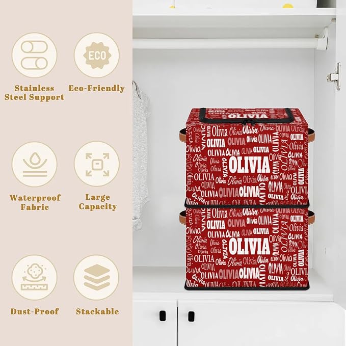 Personalized Name Storage Basket with Zipper Lid, Solid Red Canvas Storage Bins Toys Clothes Organizer for Bedroom, Kitchen, Bathroom, Nursery, Shelves, Closets