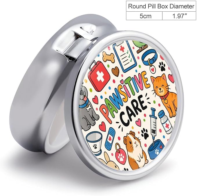 Pawsitive Care and Pet Love Round Pill Box with 3 Compartments, Portable Travel Pill Organizer with Spring Snap Closure for Vitamins Supplements Fish Oil
