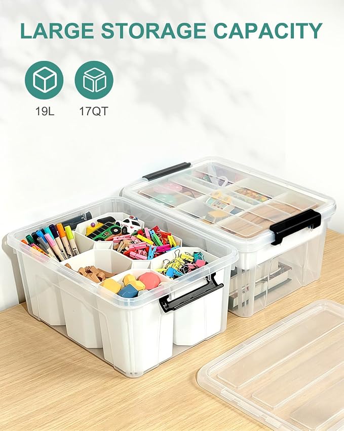 AREYZIN 17QT Clear Storage Bins with Lids & Dividers for Crafts | Stackable 17-quart transparent box featuring 6 tall removable inserts. Perfect for organizing crafts, tools, toys & crayons