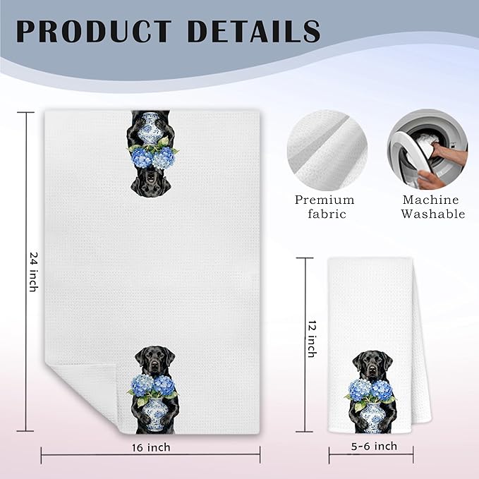 Blue Hydrangea Black Labrador Retriever Kitchen Towels, Black Lab Gifts Dish Tea Towels for Kitchen Decor, Chinoiserie Porcelain Floral Dog Decorative Hand Towel Bathroom Decor, 16x24 Inch