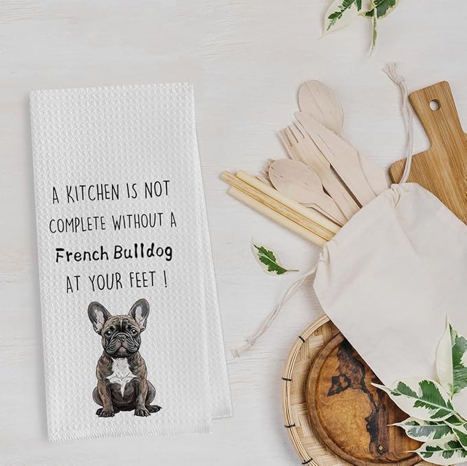 French Bulldog Dish Towels Set - Funny Frenchie Waffle Weave Kitchen Towels, French Bulldog Decorative Hand Tea Towels for Bathroom Kitchen (16×24 Inches Set of 2)