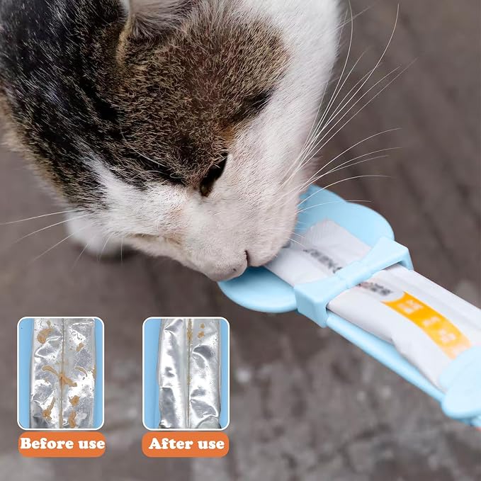 Cat Treat Spoon Squeeze & 3 Pcs Can Lids | Cat Treat Feeder for Liquid Snack | Universal Silicone Pet Can Covers BPA Free | Churu Spoon Dispenser(Blue)