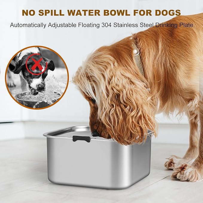 3L/101oz No Spill Dog Water Bowl, Slow Drinking Travel Dog Bowl Spill Proof, Stainless Steel Slobber Stopper for Messy Drinkers, Small Medium & Large Breeds, Square