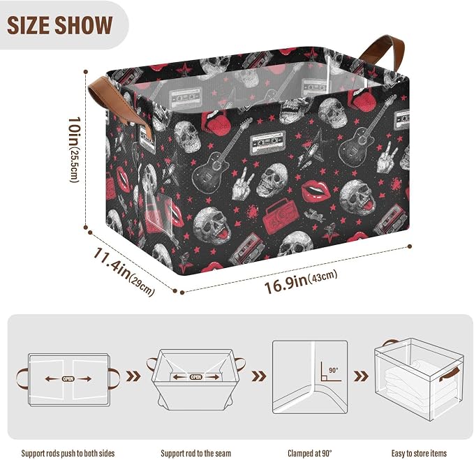 Music Rock and Roll Skulls Storage Basket Foldable Cube Storage Bins with Handles&Label Waterproof Collapsible Organizer Box Bin Large Rectangle Decorative Baskets for Shelves Home Room Laundry