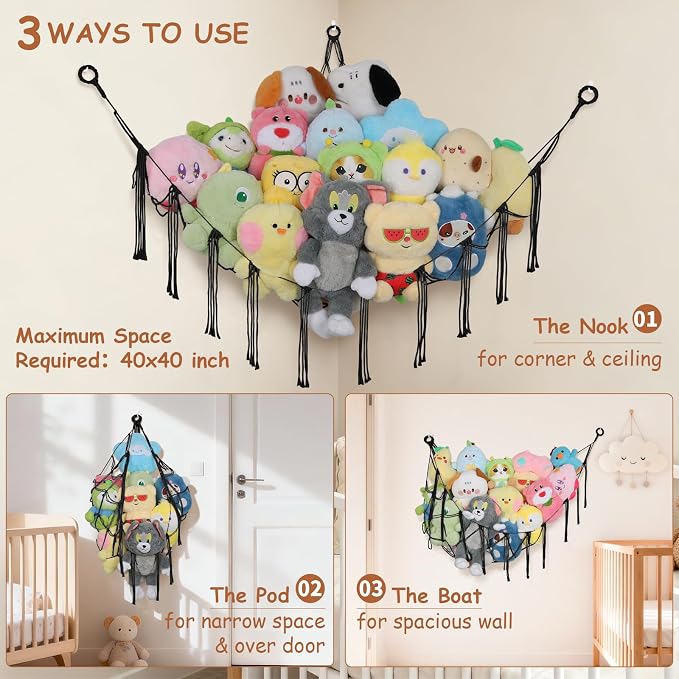 Stuffed Animal Storage Hammock Corner,55 Inch Large No Drill Toy Net,Black | Handcrafted Natural 100% Cotton Stuffy Hammock,Boho Macrame Toy Net,Stuffed Animals Storage Plush Holder,Nursery Room Decor