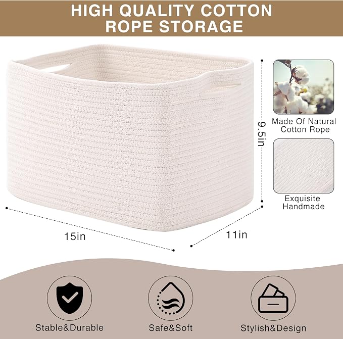 ICERZCZ Storage Baskets for Organizing Shelves 15x11x9.5 Off White 3 Packs | Woven Cotton Rope Bins for Baby Nursery Organization, Book Toy Towel Organizer, Living Room, Bedroom, Bathroom, Kid's Room