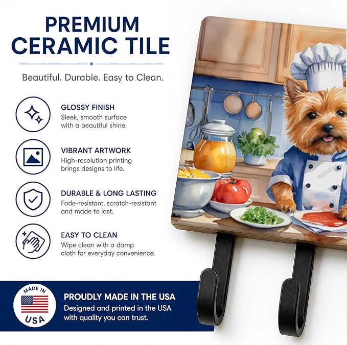 Caroline's Treasures Norwich Terrier The Chef Leash or Key Holder Wall Hooks, Key Hooks Holder, Coat Rack Wall Mount, Coat Hooks, Hooks for Hanging Keys, Towels, Aprons, Leashes | Norwich Terrier The Chef artwork on ceramic tile with three steel hooks ...