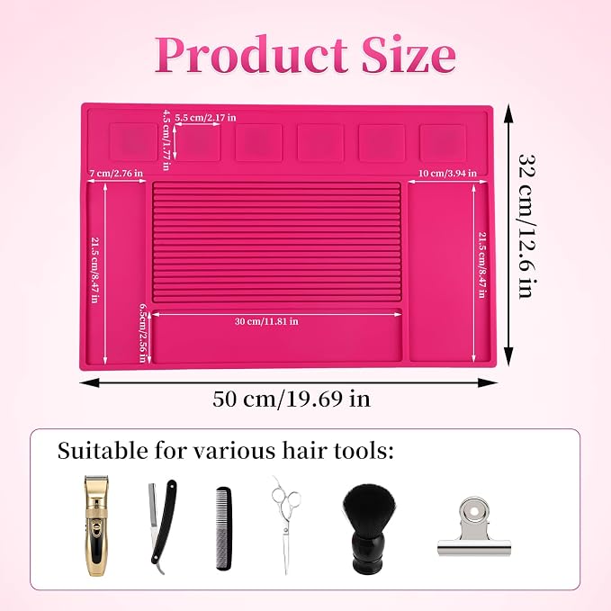 Magnetic Barber Mat for Clippers, Station Organizer with 6 Magnets | Silicone Material, Anti-Slip Surface, Heat-Resistant, Waterproof, Easy Clean, Tool Slots Design, For Barbershop & Salon, Rose