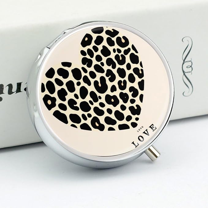 Leopard Print Heart Metal Round Pill Box, 3 Compartment Travel Organizer, Portable Pill Container with Secure Latch, 2 Inch Circular Vitamin Caddy for Pills and Vitamins, Gift for Him Her Elderly