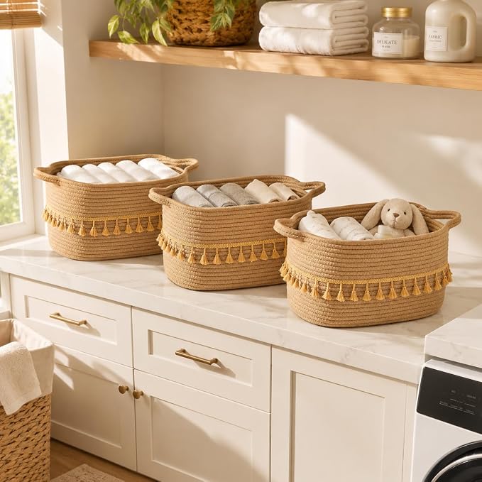 Storage Basket, Woven Baskets for Shelves, Brown Basket | 3 Pack Boho Cotton Rope Storage Baskets, 14" x 9" x 8", Home Organizer for Nursery, Holds Toys, Books & Towels