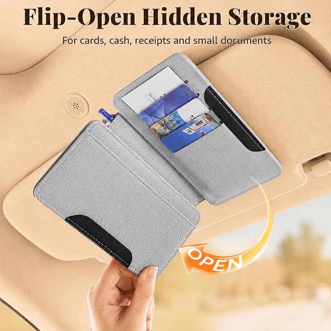 HOLDCY Car Visor Organizer with Registration Holder and Sunglasses Clip | Grey PU Faux Leather With Photo Window, Flip-Open Card Storage, Slim Profile And Tool-Free Setup; 1 Piece