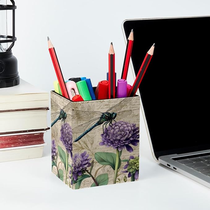 Dragonfly Retro Pen Holder for Desk Decor, Rectangular PVC Leather Pencil Cup for Desk Pen Organizer, Makeup Brush Holder for School, Home, Office