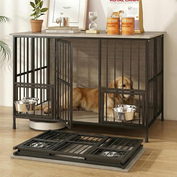 Hadulcet 41'' Foldable Dog Crate Furniture, Large Dog Kennel with 2 Bowls | Wooden Crate Table with Storage Top, Furniture Style Indoor Kennel for Small to Large Dogs with Rotating Food Door, Gray