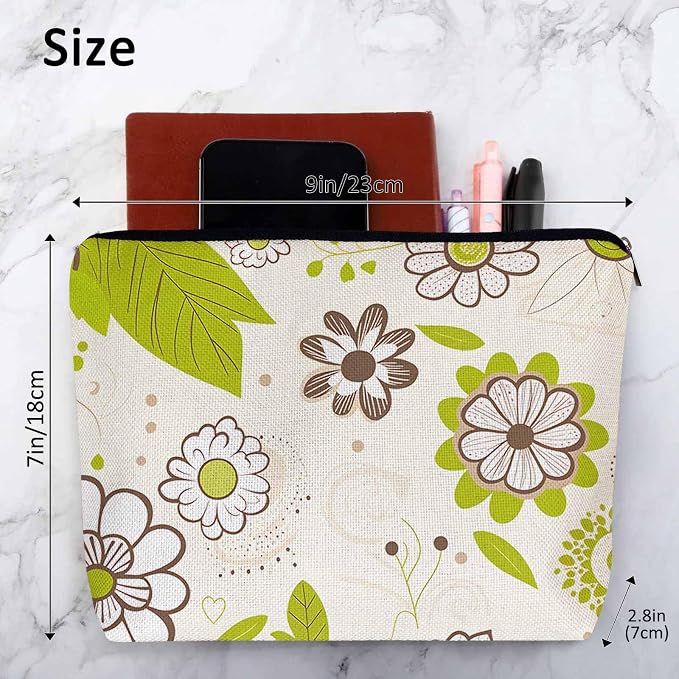 Floral Green Makeup Organizer Bag Cosmetic Bag For Men Women, Blossom Flower Orchard Flower Leaves Travel Toiletry Bag Flax Makeup Bags Purse Business Makeup Pouch For Toiletries Cosmetics