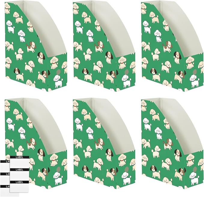SPRIPORT Cute Pet Dogs Green Print Water Resistant PP Magazine File Holder Organizer for Desk, Foldable Storage Rack for Office School Library Document Sorter with Labels 23x30x10cm (3 Pack)