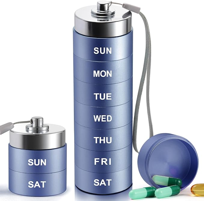 Metal Weekly Pill Organizer, Large Travel Pill Box, Weekly Pill Case | OUVBTX Aluminum Alloy Waterproof Container, 7 Day Daily Medicine Organizer for Vitamin, Fish Oil, Supplement, Dark Blue