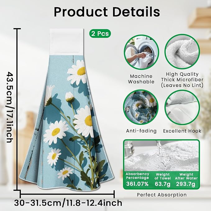 CUTHOLLOW Daisies Flowers Hanging Kitchen Towels with Loop, Set of 2 - Soft & Super Absorbent Microfiber Decorative Hanging Dish & Hand Towel, Tea, Coffee Towel for Kitchen Bathroom Oven Handle