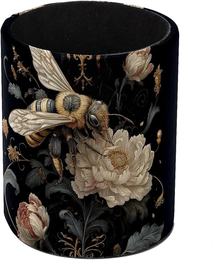 Faux Leather Pen Holder for Desk, Pencil Organizer Cute Bee Pen Cup Desk Decor Makeup Brush Holder Storage for Office Home