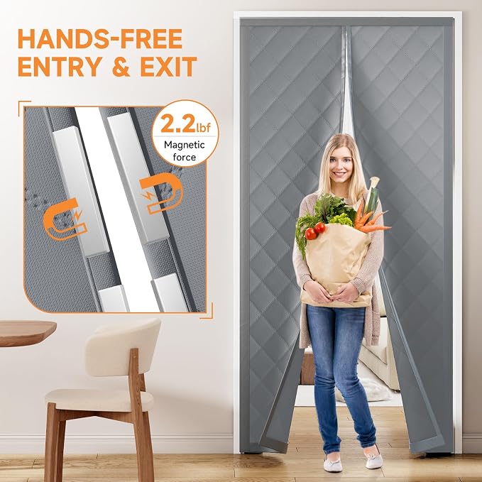 Magnetic Thermal Insulated Door Curtain for Winter Fits Door Size 36" x 96", Temporary Thermal Door Cover for Cold with Thickened Cotton, Window Insulation Kit for Sliding Glass Doorways - Gray
