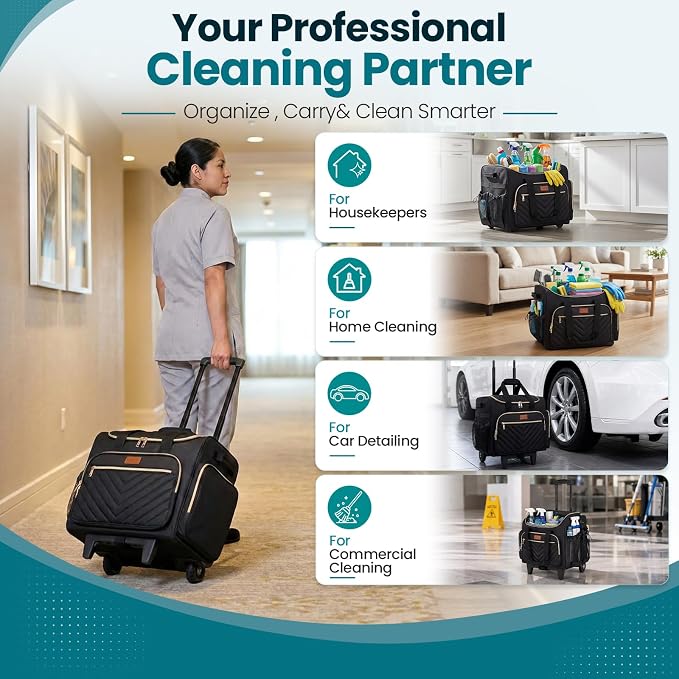 INSMEER Cleaning Caddy with Wheels,3 Removable Clear Bag and 1 Shoulder Bag | Large Cleaning Cart on Wheels,Water Resistant Cleaner Supplies Organizer with Wheels for Kitchen, Tool Organizer