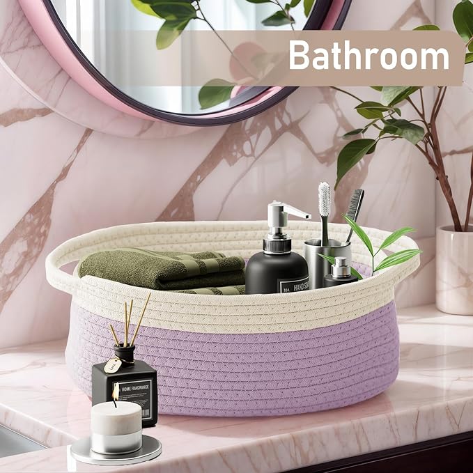 JMvicyroam Small Woven Basket, Empty Gift Basket, White&Purple/2 Pack | Small Gift Basket, Cotton Rope, 12 x 8 x 55 in, Handles, Includes Ribbon and Bag, Birthday Gift Basket