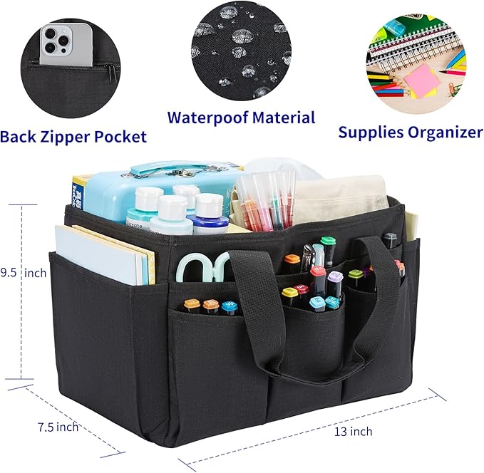 Craft Organizer Tote Bag, Art Storage Caddy with Multiple Pockets | Art Supplies Storage, Sewing Bag, Scrapbooking for School, Home and Office (Black)
