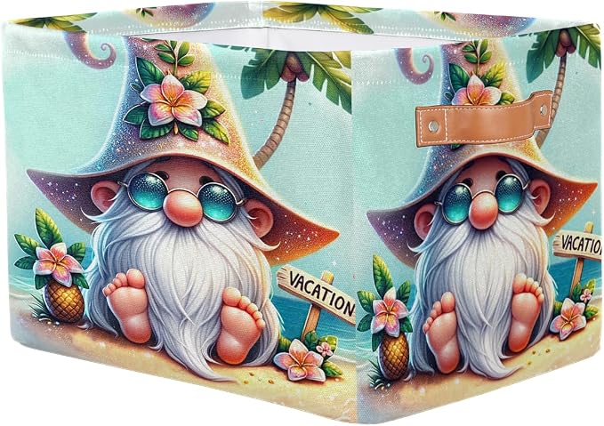 Pardick Summer Gnome Cute Basket Storage Bins Large Fabric Toys Storage Cube Box with Handles Collapsible Closet Shelf Cloth Organizer Basket for Nursery Bedroom Bathroom Holiday Gift