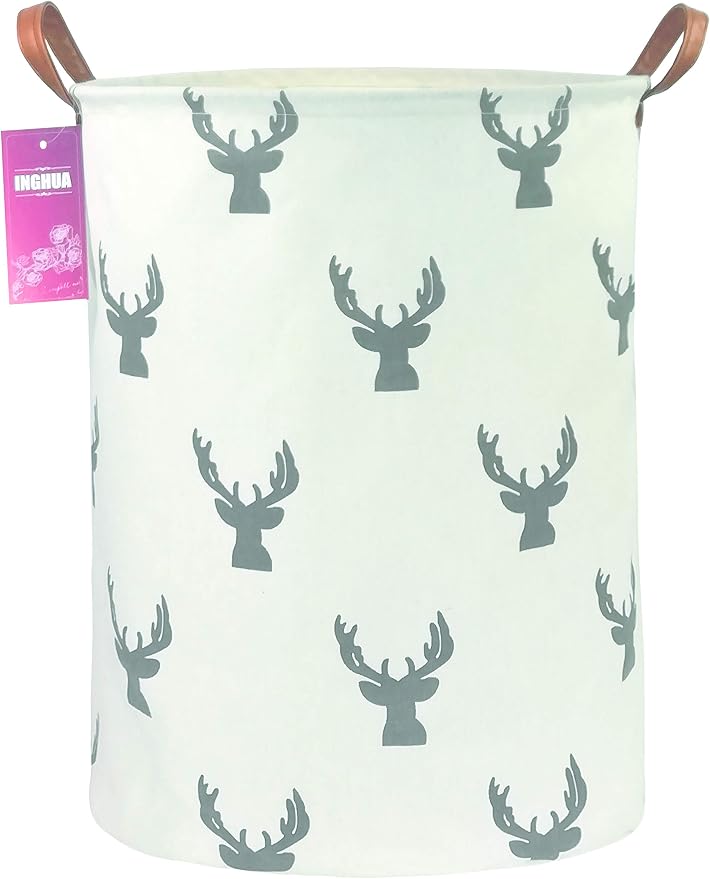 Laundry Hamper Large Canvas Fabric Storage Basket Grey deer | Organizer Bin Dirty Clothes Collapsible Waterproof for College Dorms, Boys and Girls Bedroom,Bathroom