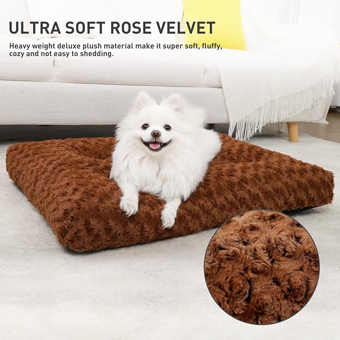 KSIIA Washable Dog Bed Small Dog Crate Bed Deluxe Plush Mat 23"x18" Brown | Deluxe Plush Comfy Kennel Pad, Anti-Slip Bottom,Deep Sleeping Mat for Small Dogs,Machine Washable for Easy Cleaning