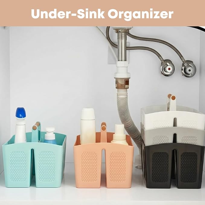Haundry Plastic Light Gray Shower Caddy Basket with 3 Compartments, Portable Divided Bathroom Cleaning Caddy Organizer Storage Tote with Handle for Dorm, College, Room Essentials