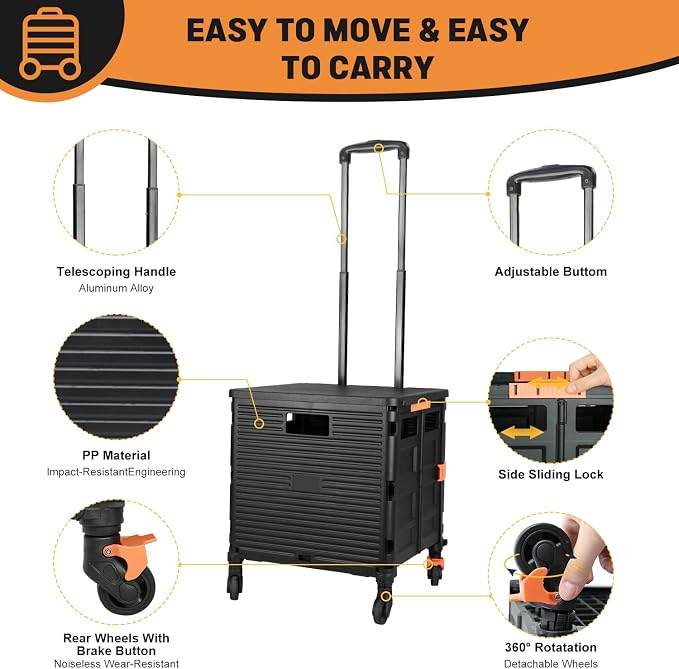 Foldable Utility Cart Folding Portable Rolling Crate Handcart Handcart Shopping Trolley Wheel Box with Lid,360°Rotate Wheels,Heavy Duty Durable Dolly Cart for Teacher Tourist Shopping Office Outdoor