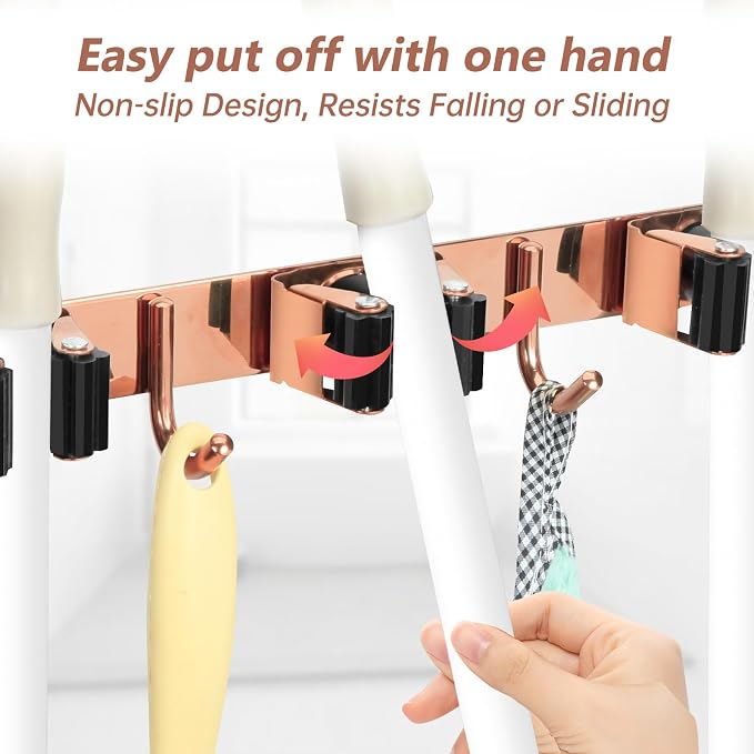 3 Racks and 4 Heavy Duty Hooks Mop and Broom Holder Wall Mount, Stainless Steel Broom Organizer Storage Utility Tool Racks for Home, Kitchen, Garage, Laundry Room. Rose Gold