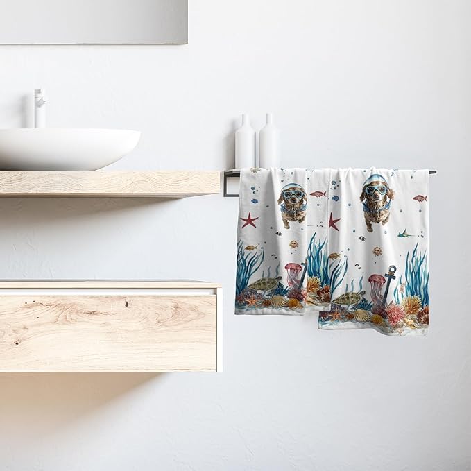 Giwawa Funny Dog Hand Towel Set of 2 Summer Nautical Ocean Blue Sea Towel Underwater Swimming Puppy Decorative Face Fingertip Towel Dish Wash Cloth for Bathroom Hotel Gym Home Spa
